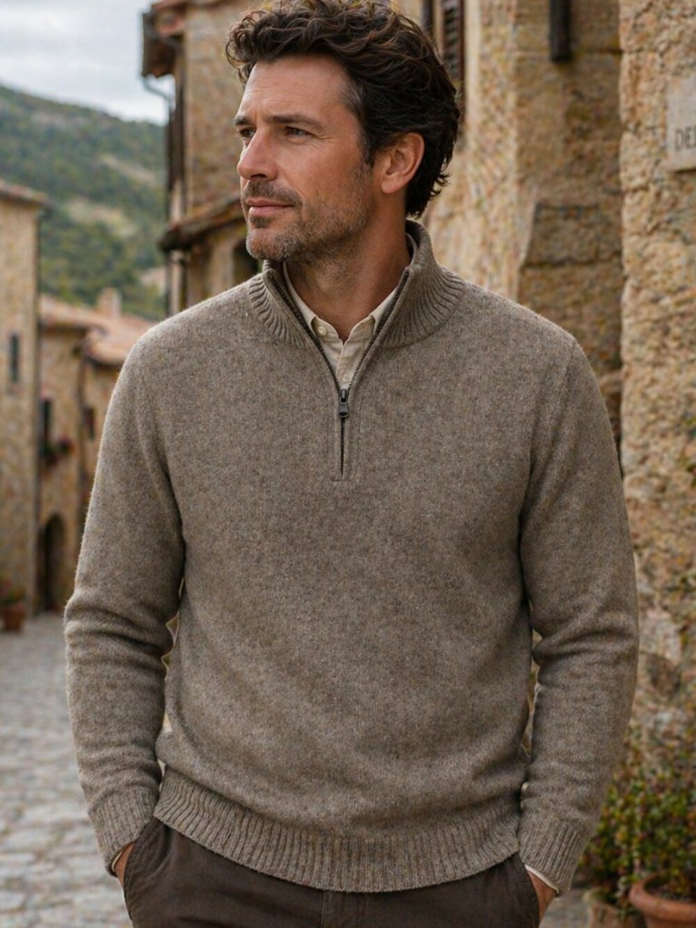 Lorenzo Magni Men’s 1/4 Zip Pullover Sweater Beige Size Large Lana Wool Italy